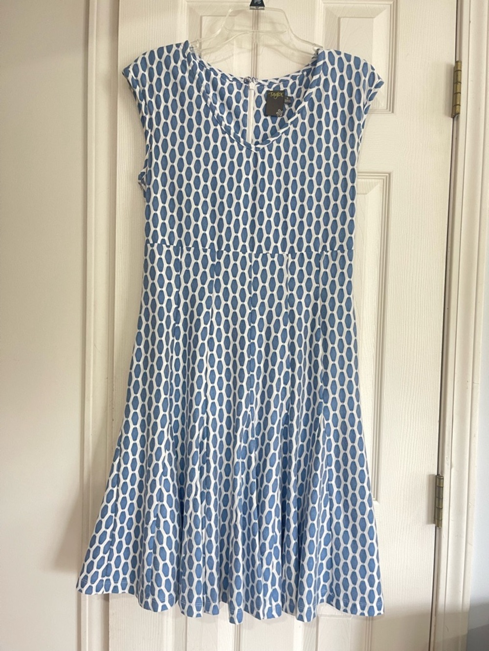 Taylor by Taylor Dresses Blue and White Geometric Fit & Flare Dress